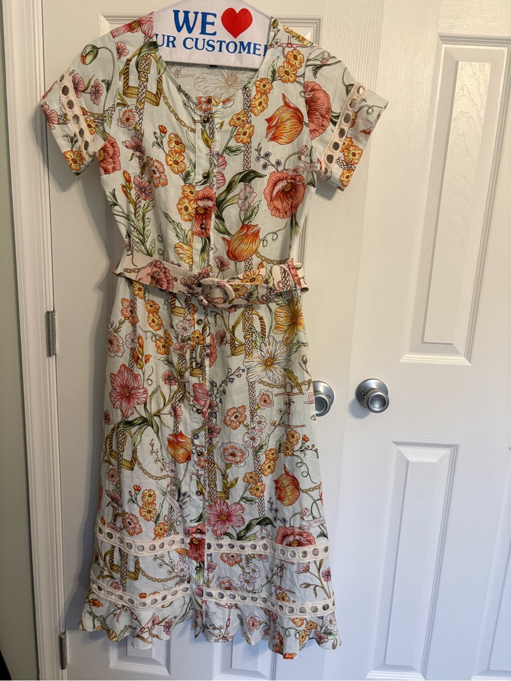 Ronner XS Floral Button-Front Midi Dress with Belt - White Multi